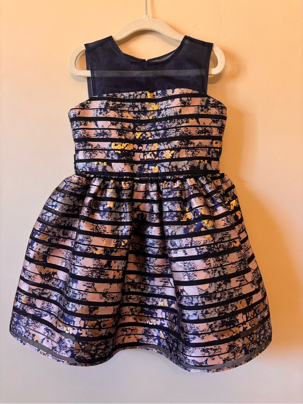 Girls' Navy and Pink Striped Party Dress Iris & Ivy Brocade Size 5 Fun